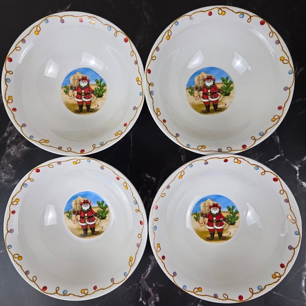 Holiday Market Cowboy Santa Claus Christmas Bowls Set of 4 Porcelain